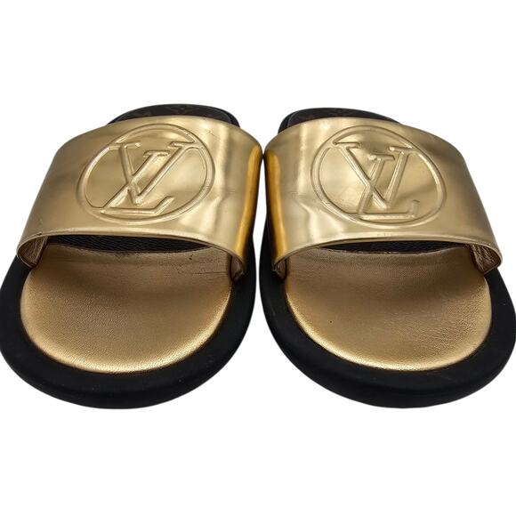 Louis Vuitton Sunbath Slide Sandal Flat Gold Brown Monogram Canvas Size 38 US 8 - Picture 2 of 12
